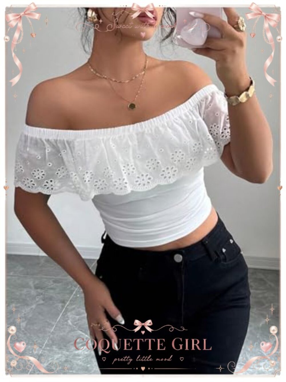 Off Shoulder Ruffle Ruched Cropped Top Eyelet Embroidered Summer Blouse - Picture 2 of 5